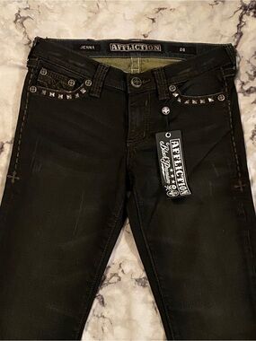 NWT Affliction Women’s Black Studded Embroidered Y2K Goth Punk Jeans Jenna 28
